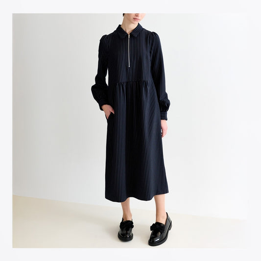 - Manton Pinstripe Zip Front Dress - Navy