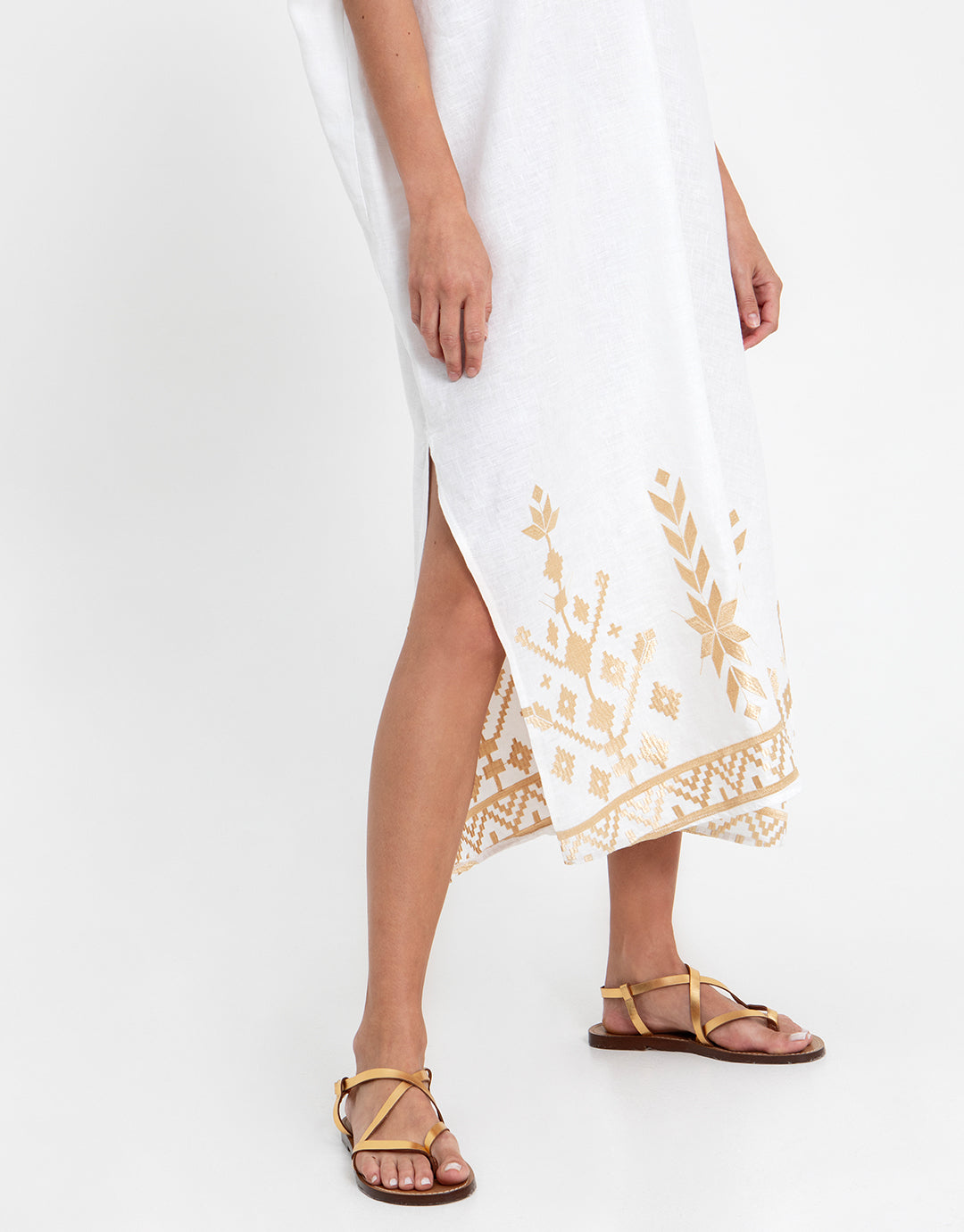 Kaftanios Deep V Neck Linen Dress - White/Gold