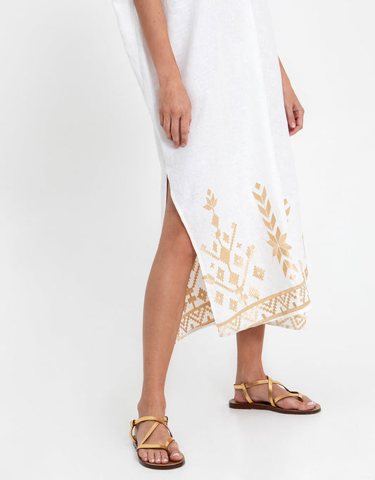 Kaftanios Deep V Neck Linen Dress - White/Gold