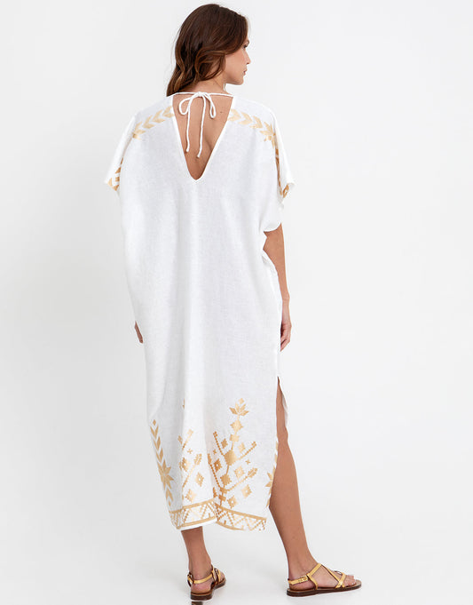 Kaftanios Deep V Neck Linen Dress - White/Gold