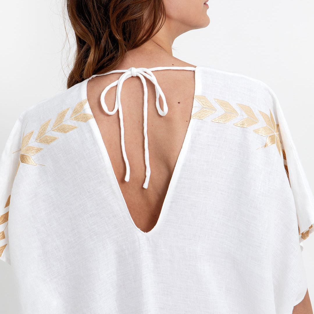 Kaftanios Deep V Neck Linen Dress - White/Gold