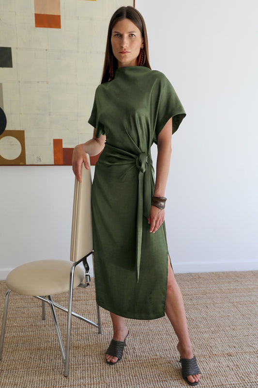 Rabia Side Tie Dress - Dark Green