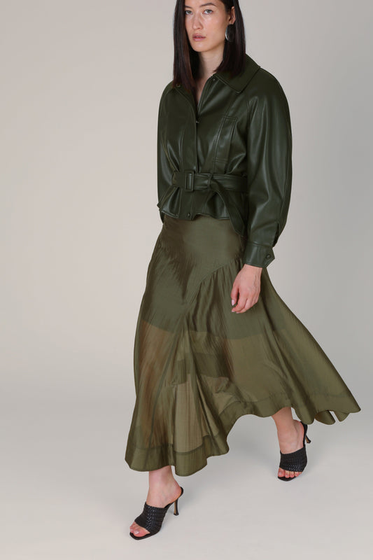 Ayla Belted Faux Leather Jacket - Dark Green