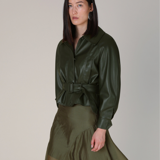 Ayla Belted Faux Leather Jacket - Dark Green