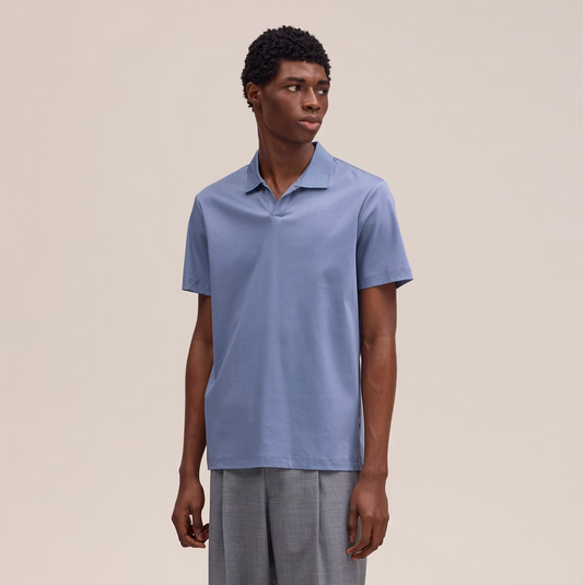 Paul Open Collar Organic Cotton Polo - Stone Blue