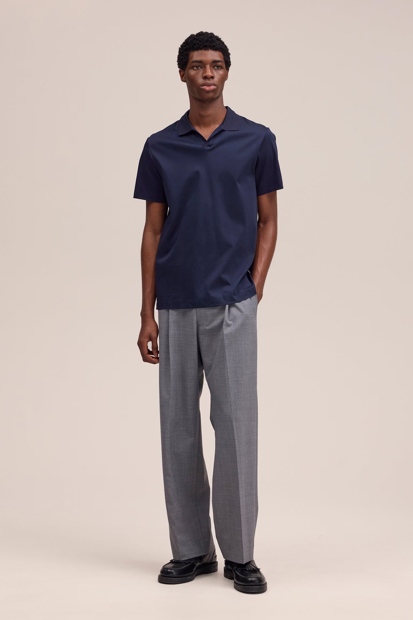 Paul Open Collar Organic Cotton Polo - Navy Blue