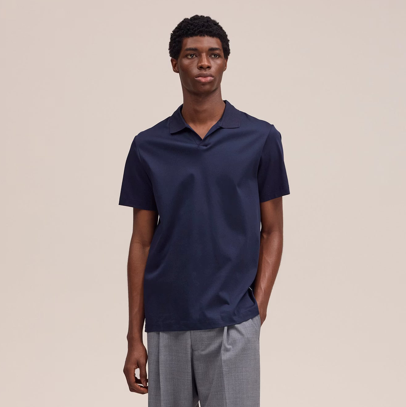 Paul Open Collar Organic Cotton Polo - Navy Blue