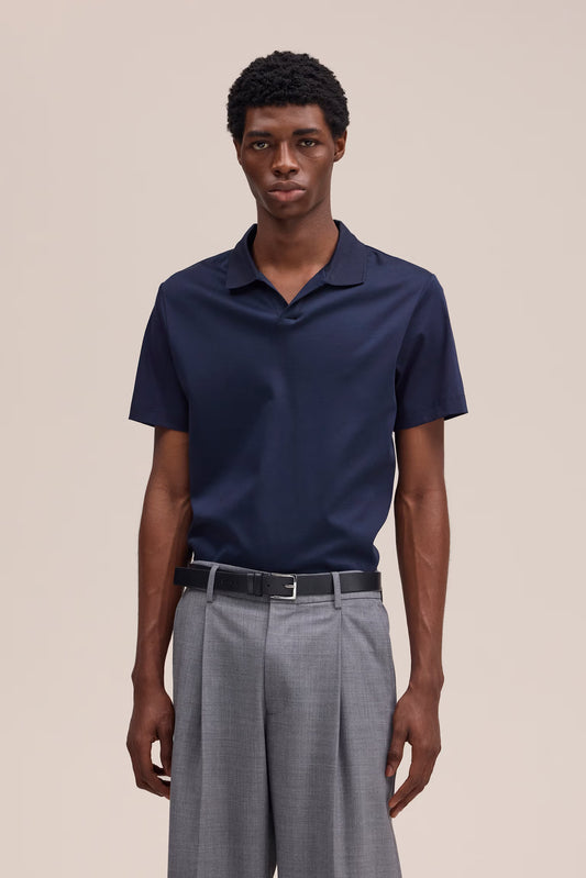 Paul Open Collar Organic Cotton Polo - Navy Blue