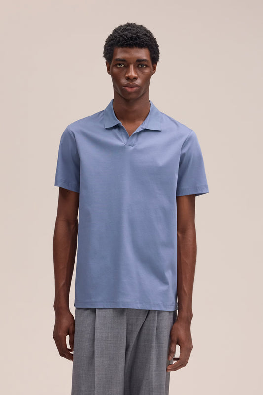 Paul Open Collar Organic Cotton Polo - Stone Blue