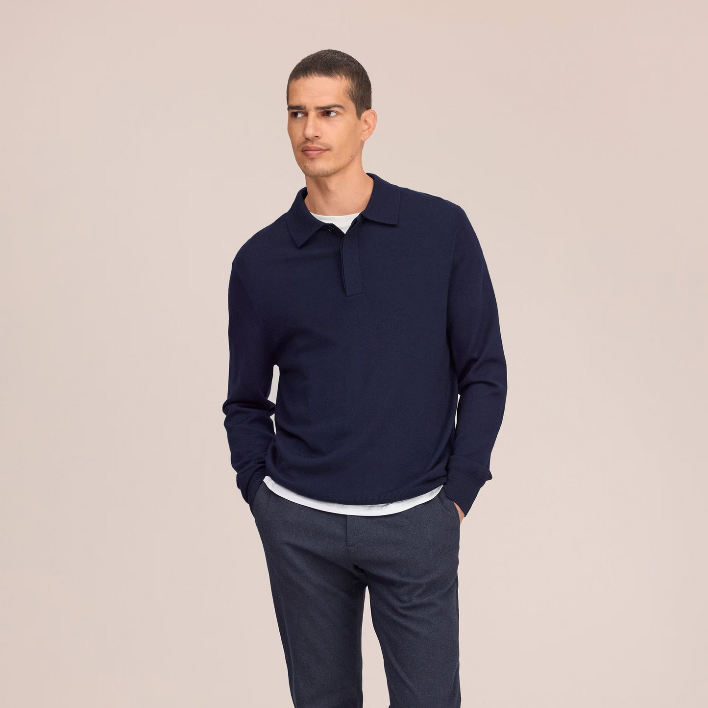 Emerson Lightweight Merino Wool Polo - Navy Blue