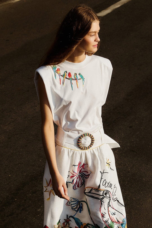 Birds On Branch Embroidered Organic Cotton T-Shirt - Off-White