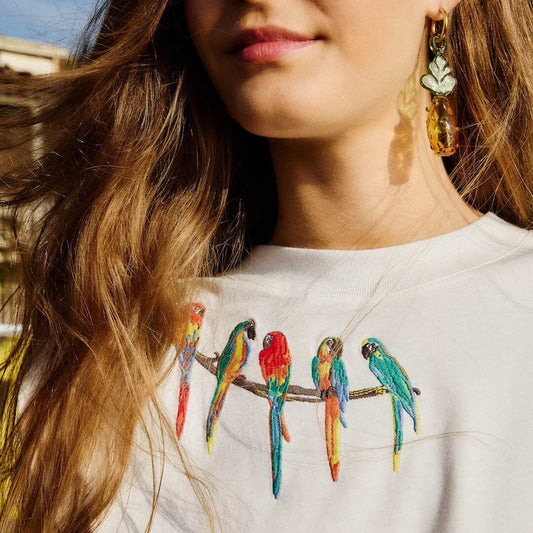 Person wearing a white sweatshirt with colorful parrot design