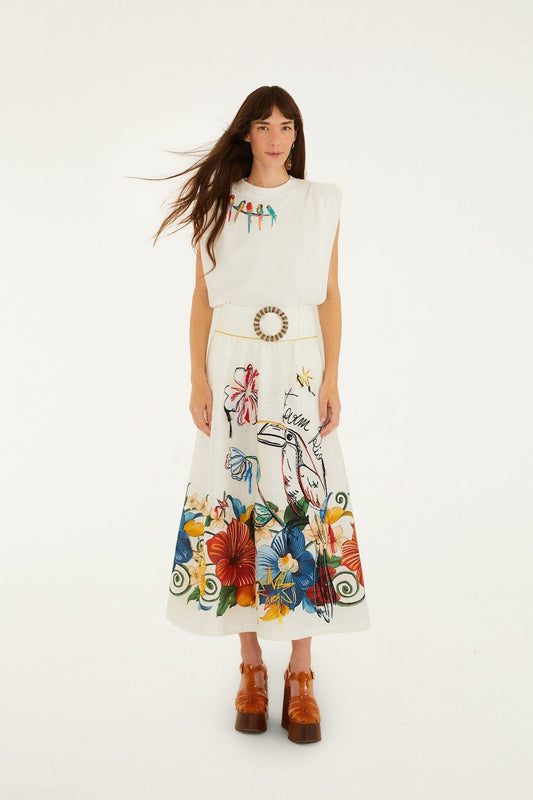 Birds On Branch Embroidered Organic Cotton T-Shirt - Off-White