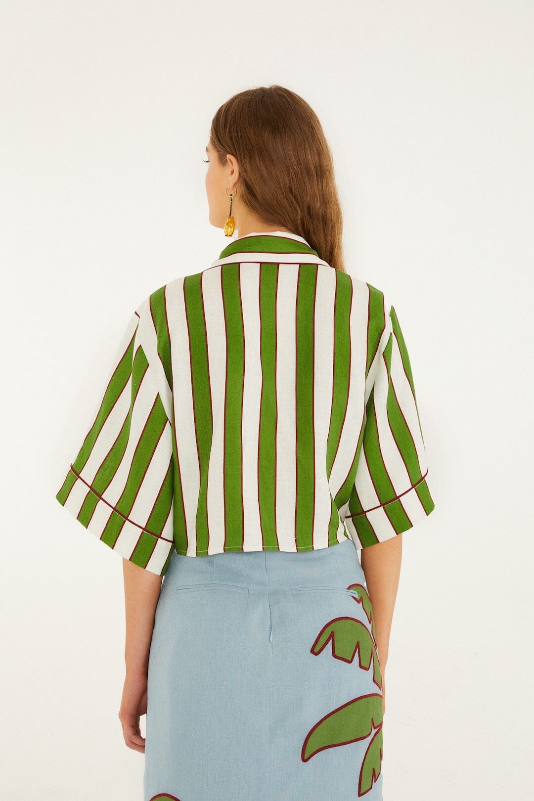 Premium Linen Crop Top - Green Spring Stripes Embroidered Euroflax