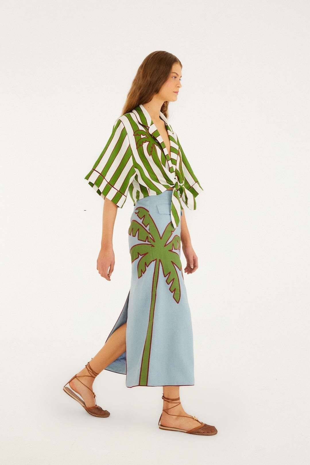 Farm Premium Linen Crop Top - Green Spring Stripes Embroidered Euroflax