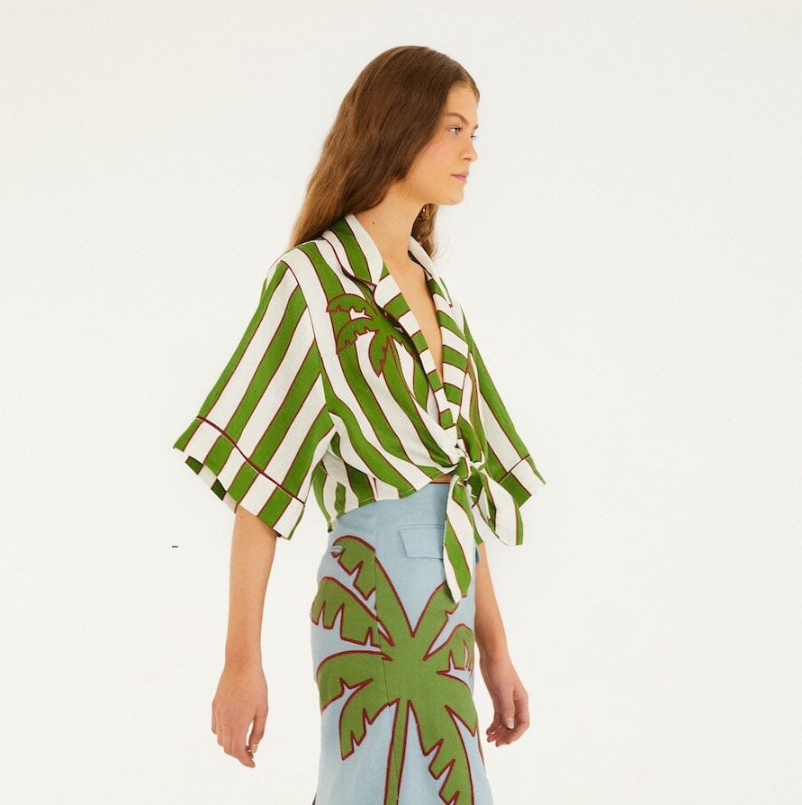 Farm Premium Linen Crop Top - Green Spring Stripes Embroidered Euroflax