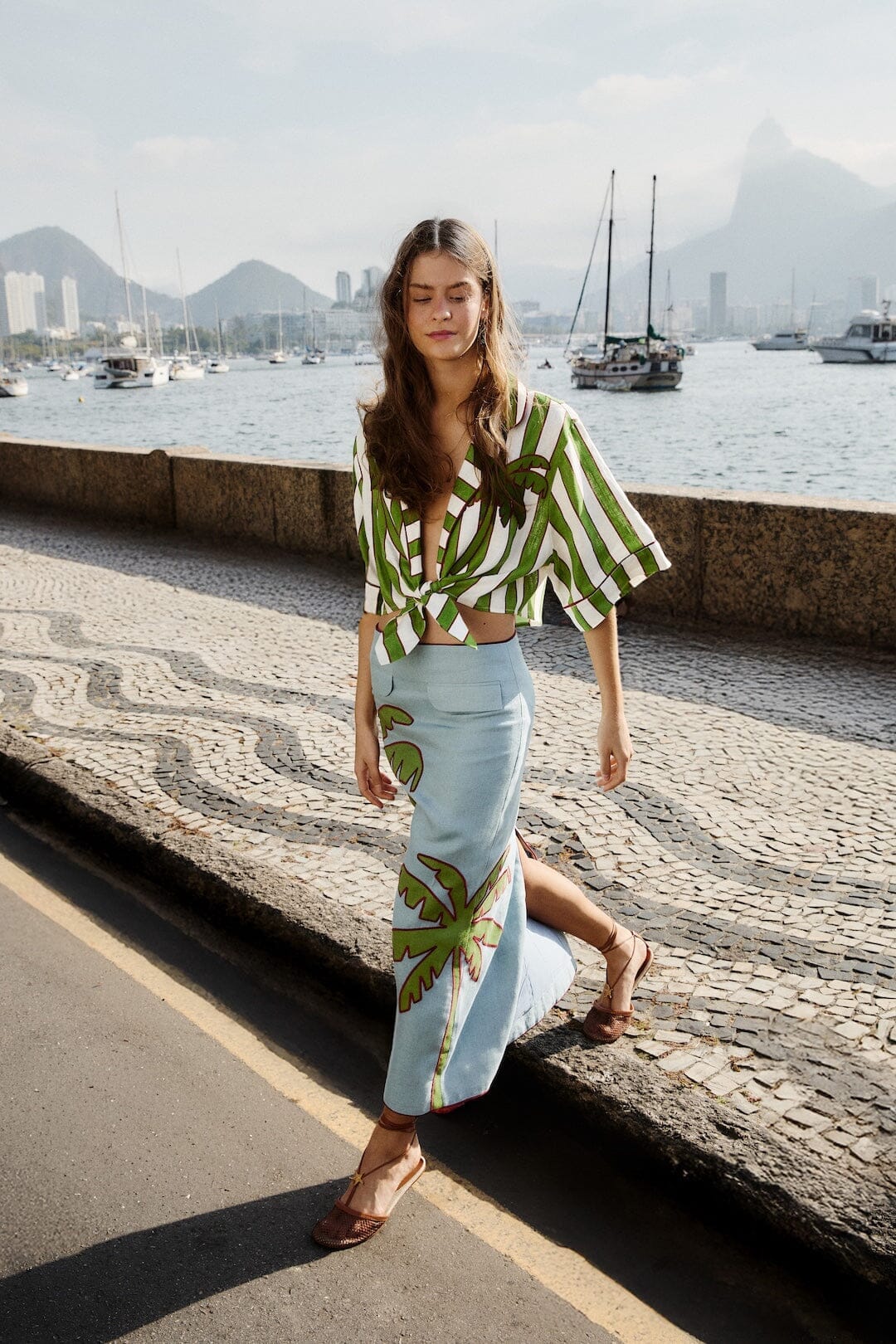 Premium Linen Maxi Skirt - Blue Embroidered Palm Tree Euroflax