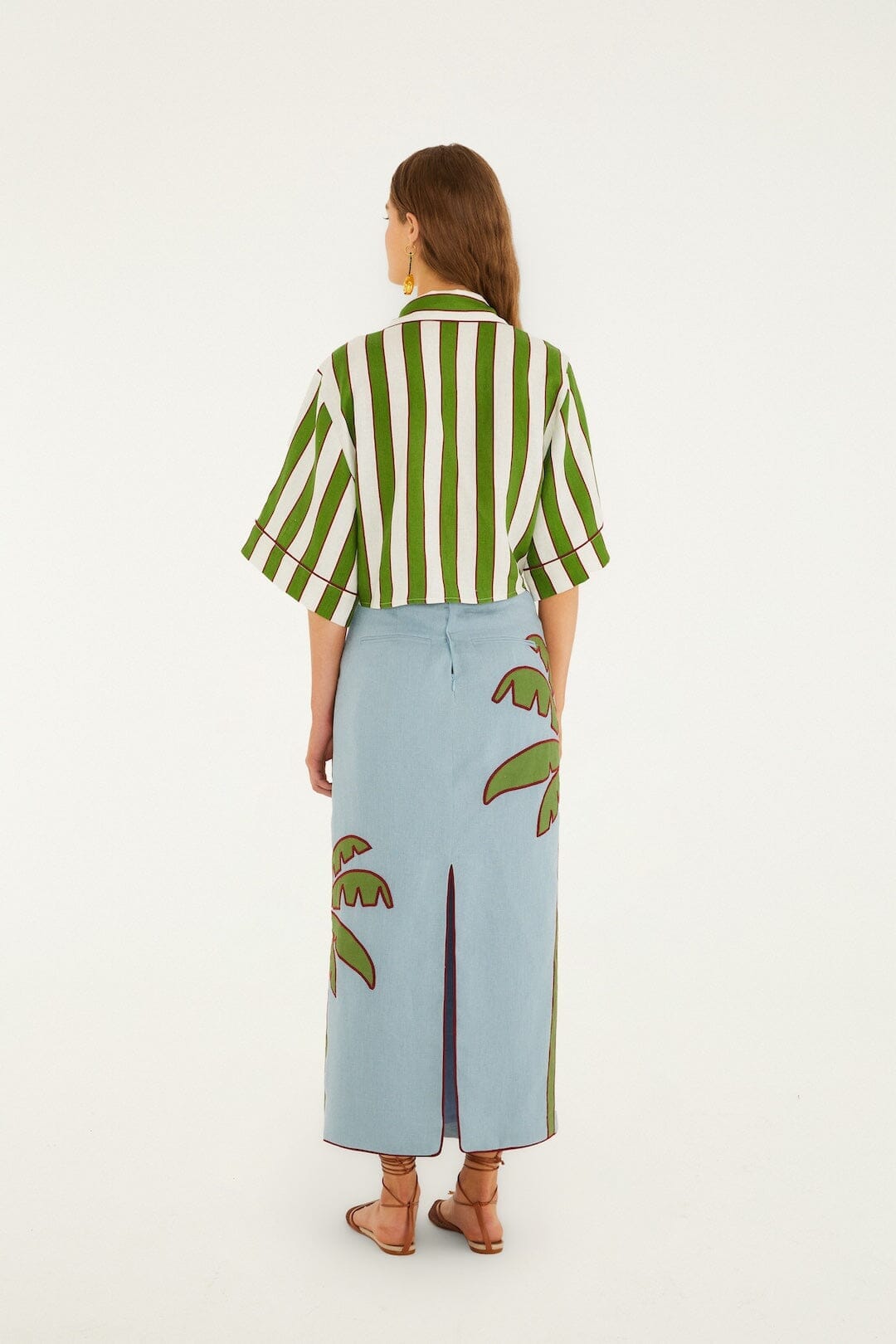 Premium Linen Maxi Skirt - Blue Embroidered Palm Tree Euroflax