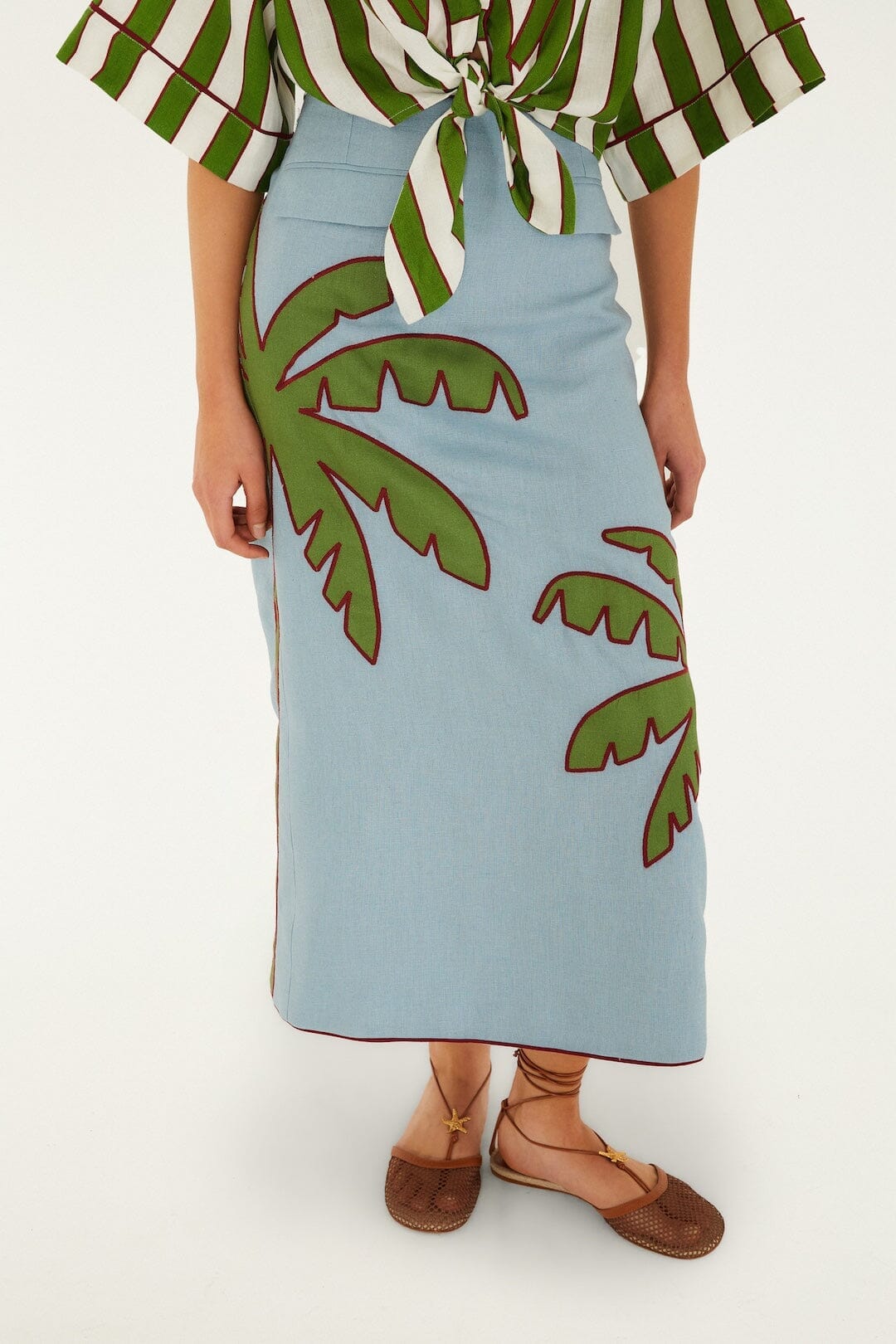 Premium Linen Maxi Skirt - Blue Embroidered Palm Tree Euroflax