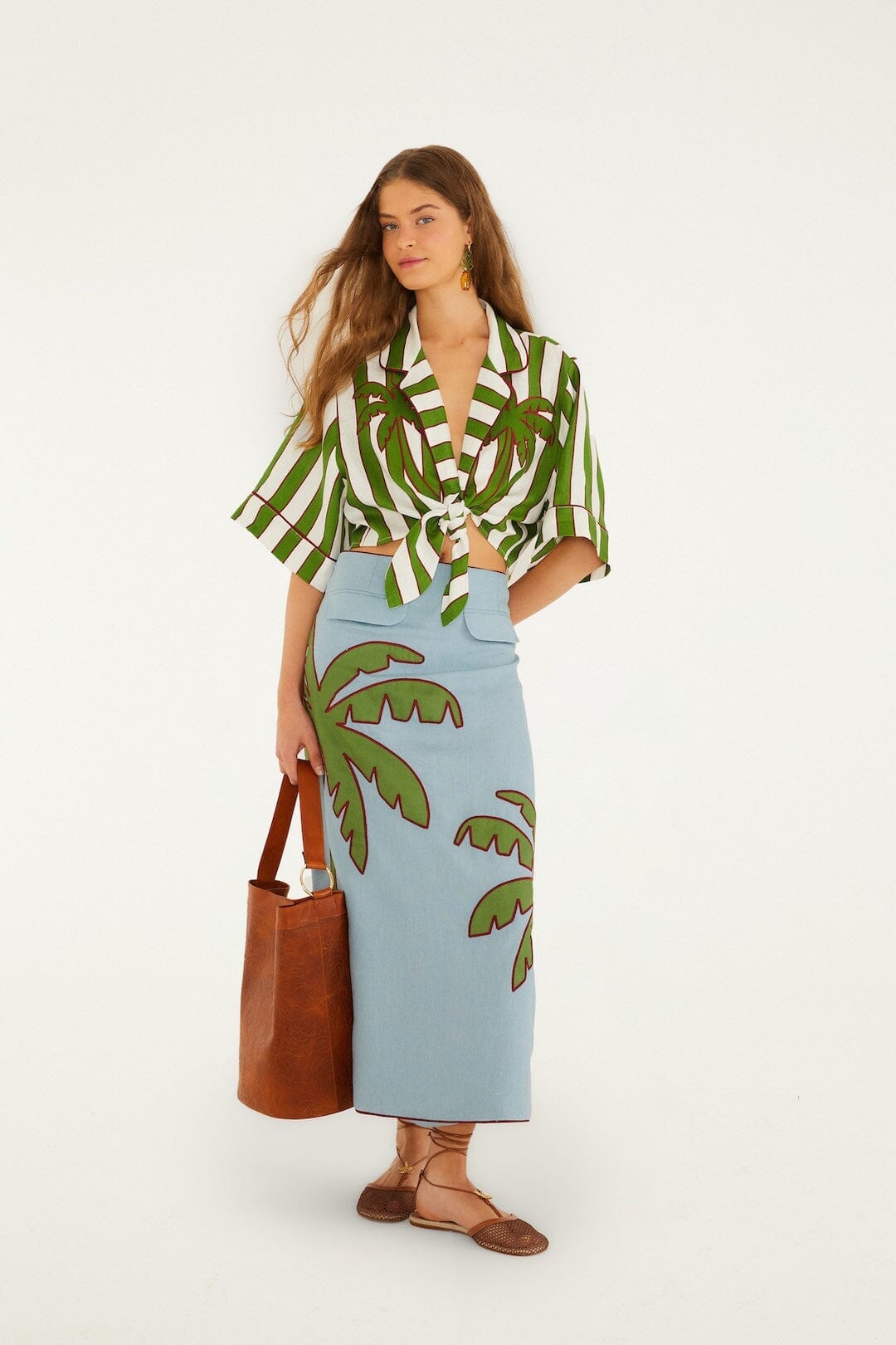 Premium Linen Maxi Skirt - Blue Embroidered Palm Tree Euroflax
