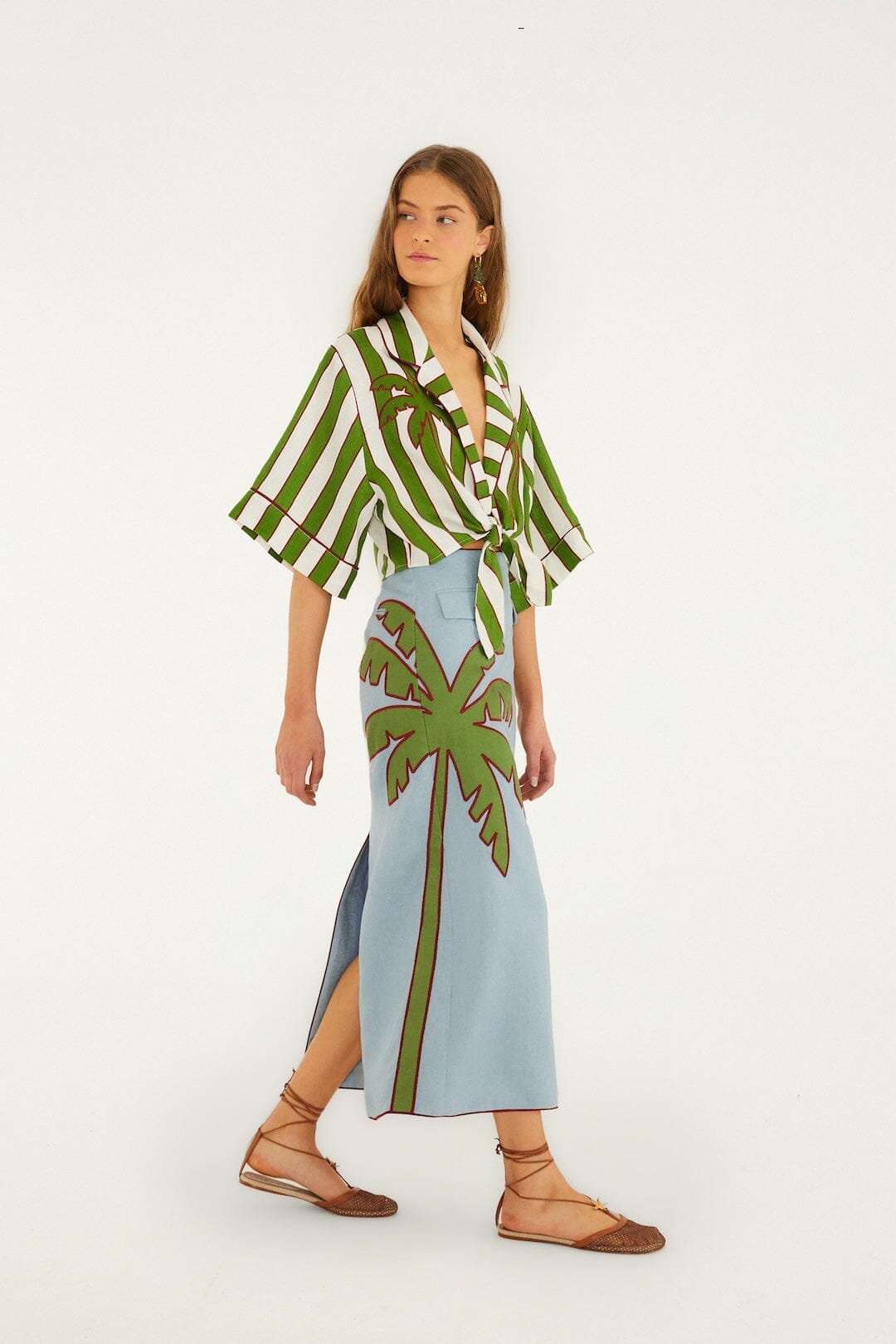 Farm Premium Linen Maxi Skirt - Blue Embroidered Palm Tree Euroflax