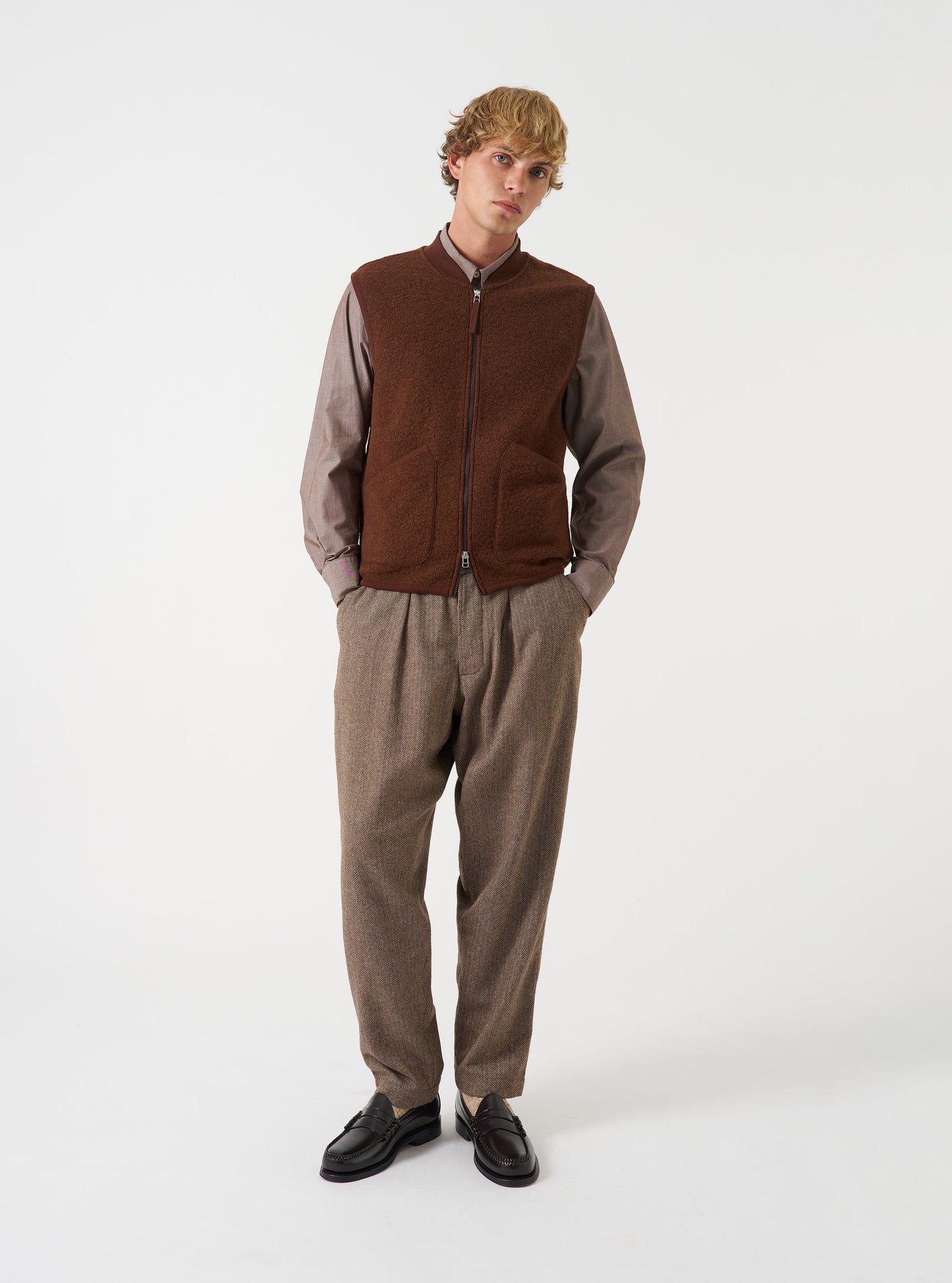 Wool Herringbone Pleated Track Pant - Brown