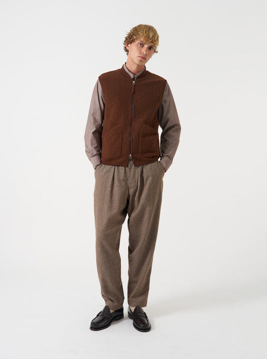 Wool Herringbone Pleated Track Pant - Brown