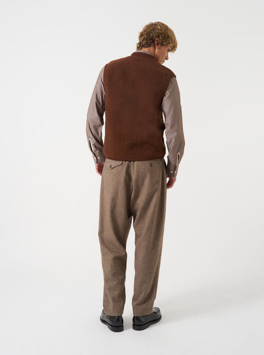Wool Herringbone Pleated Track Pant - Brown