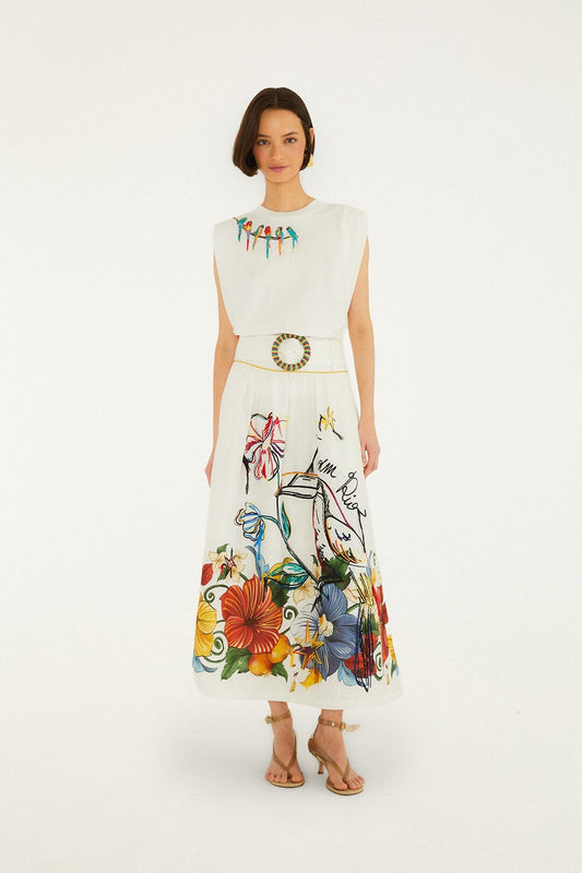 Tropi Embroidered Linen Maxi Skirt - Off-White