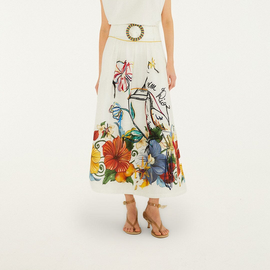 Tropi Embroidered Linen Maxi Skirt - Off-White