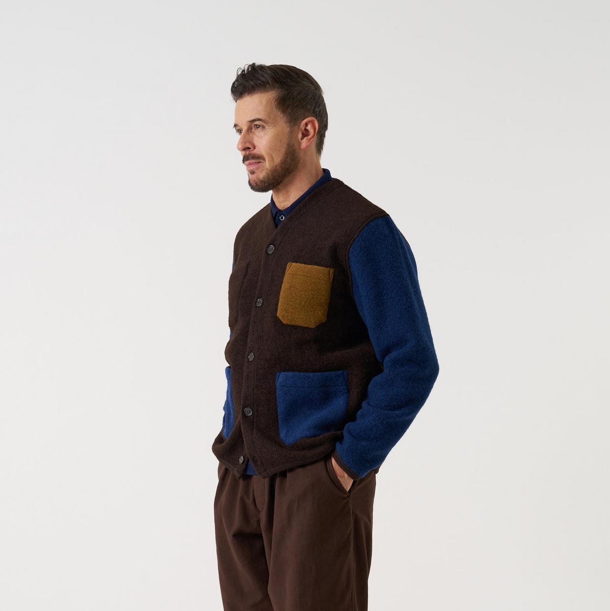 Wool Fleece Cardigan - Brown/Indigo
