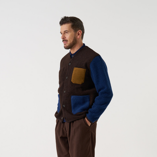 Wool Fleece Cardigan - Brown/Indigo