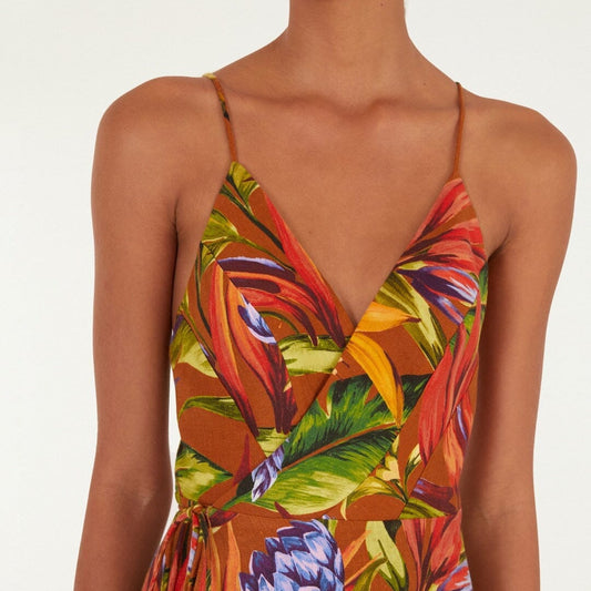 Florart Linen Midi Wrap Dress - Brown