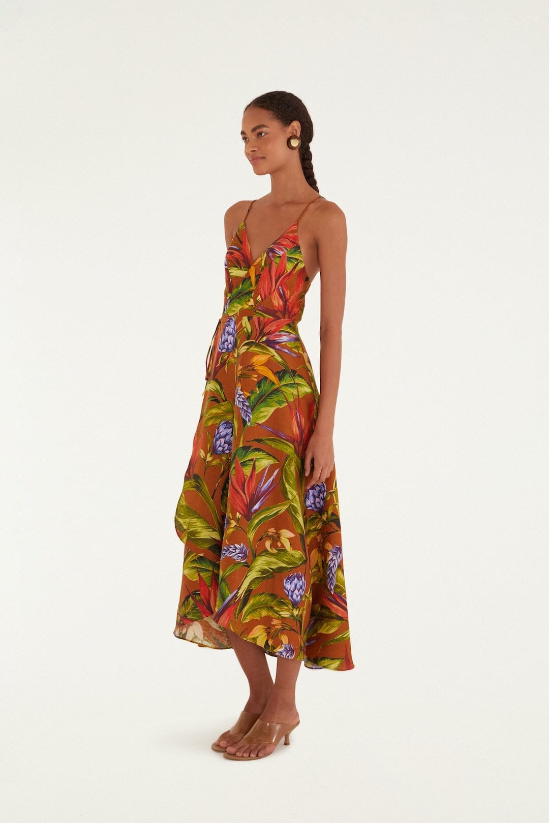 Farm Florart Linen Midi Wrap Dress - Brown