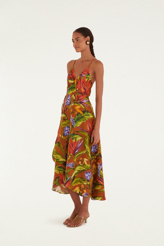 Florart Linen Midi Wrap Dress - Brown