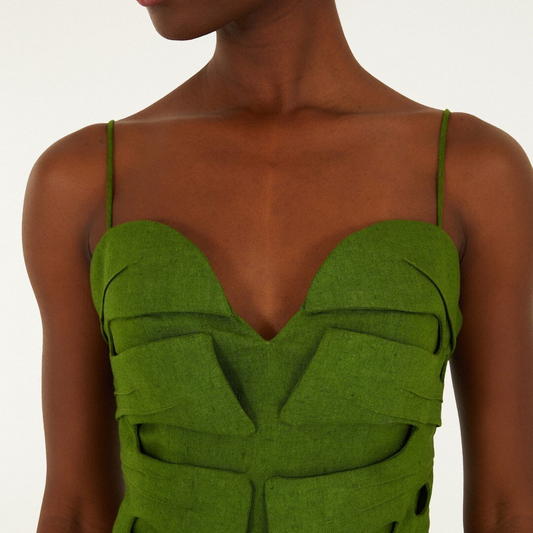 Monstera Leaf Sleeveless Linen Maxi Dress - Green