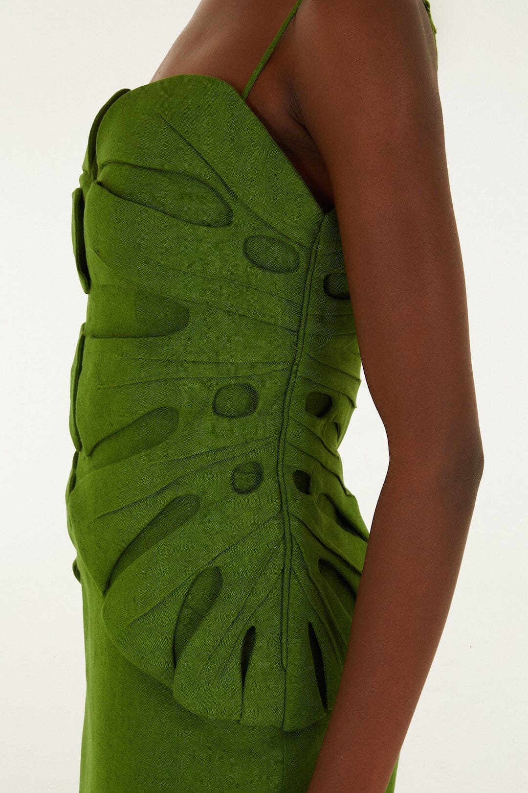 Monstera Leaf Sleeveless Linen Maxi Dress - Green