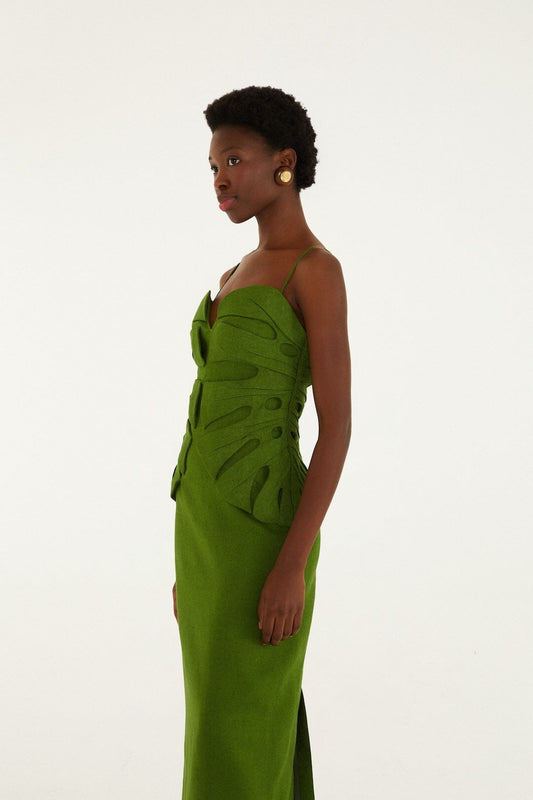 Monstera Leaf Sleeveless Linen Maxi Dress - Green
