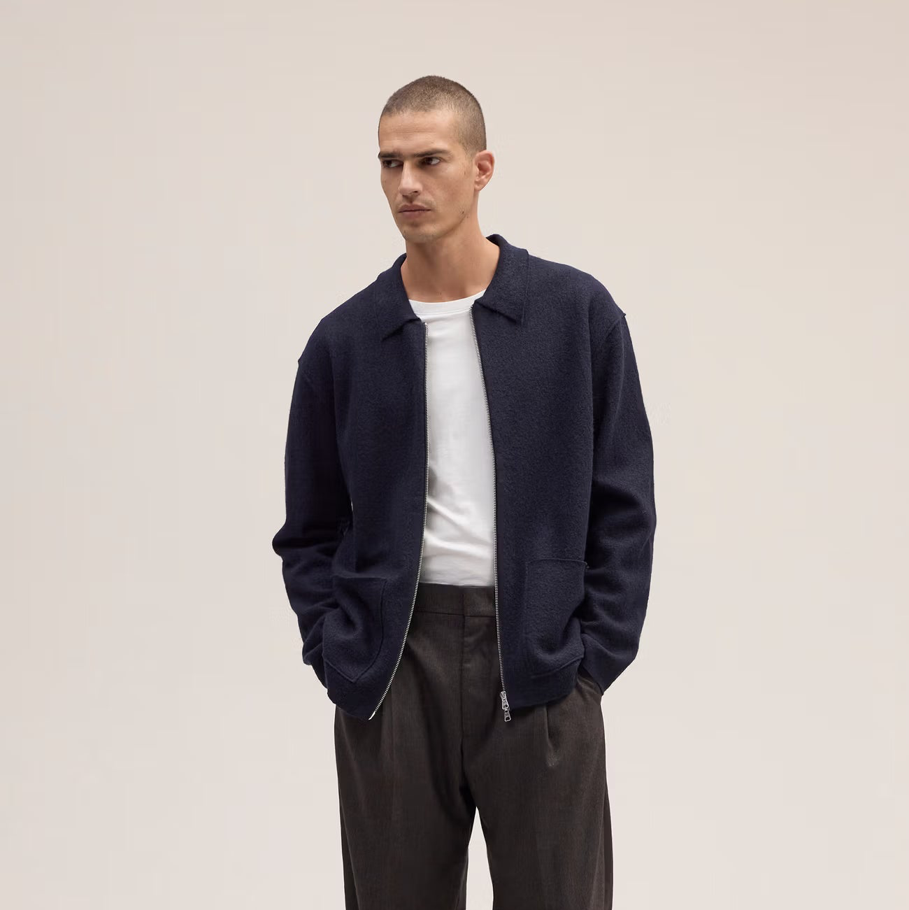 NN07 Jonas Full Zip Boiled Merino Wool Hybrid - Navy Blue