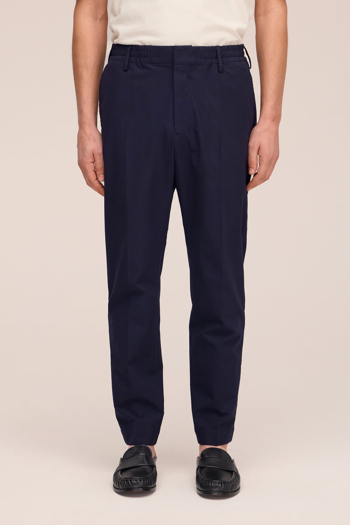 Billie Drawstring Seersucker Regular Fit Trouser - Navy Blue