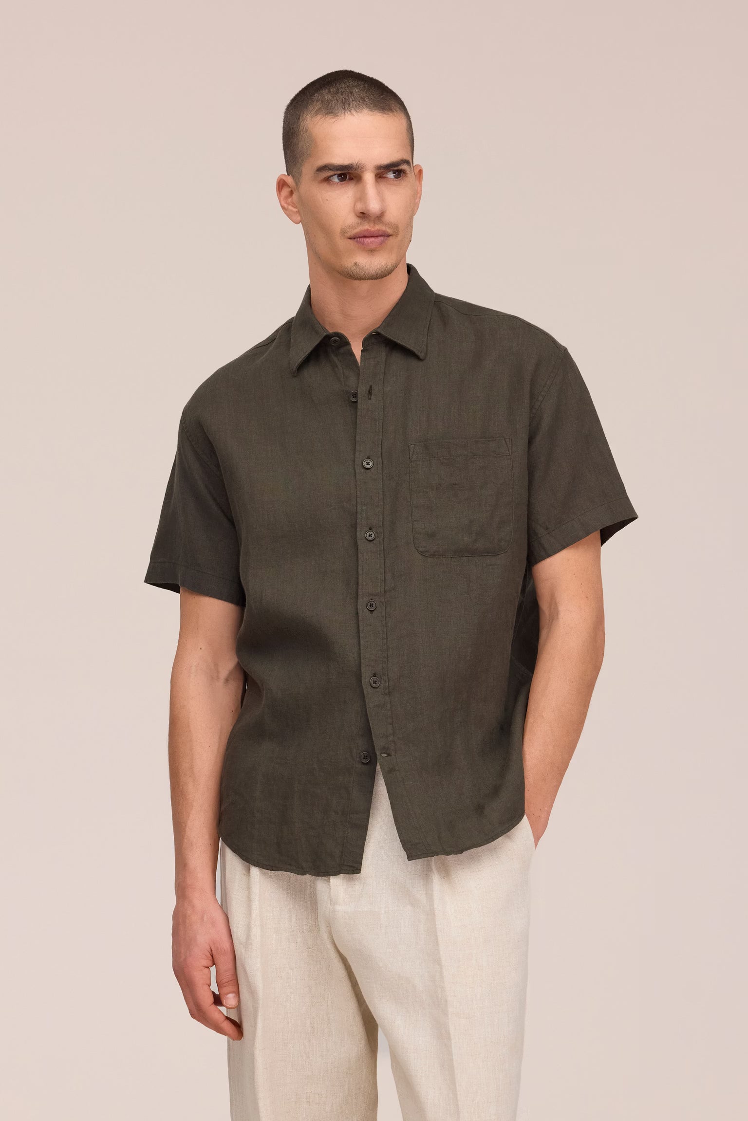 NN07 Deon Short Sleeve Linen Shirt - Dark Army