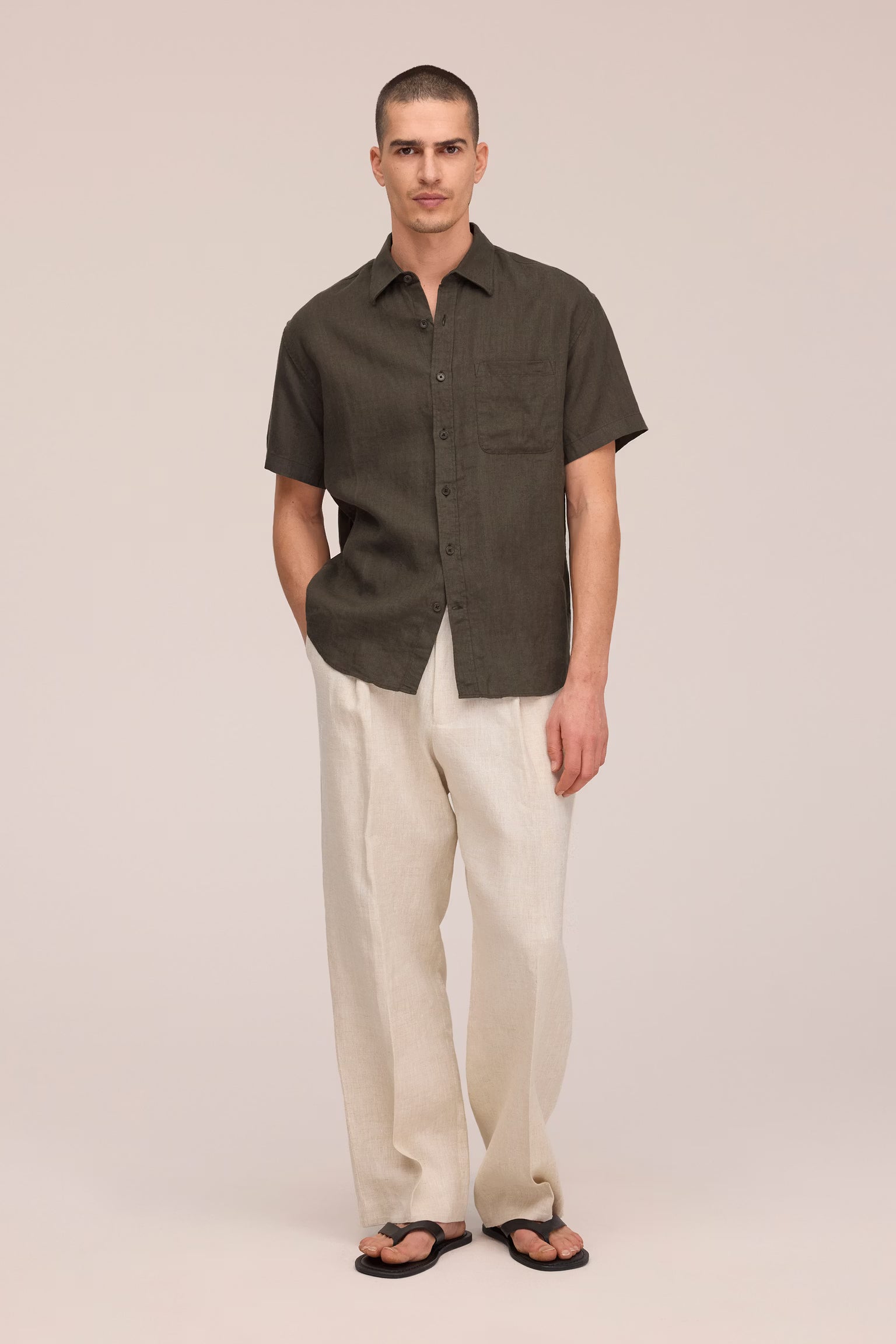 NN07 Deon Short Sleeve Linen Shirt - Dark Army