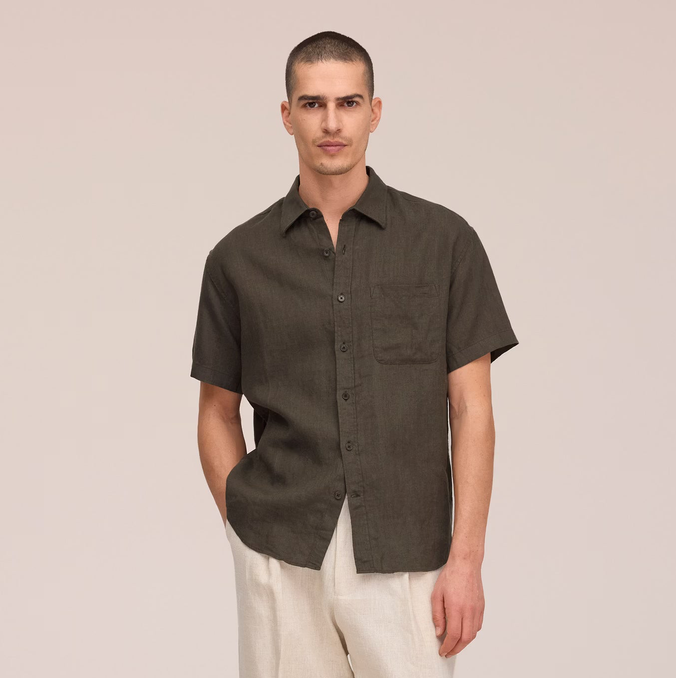 Deon Short Sleeve Linen Shirt - Dark Army