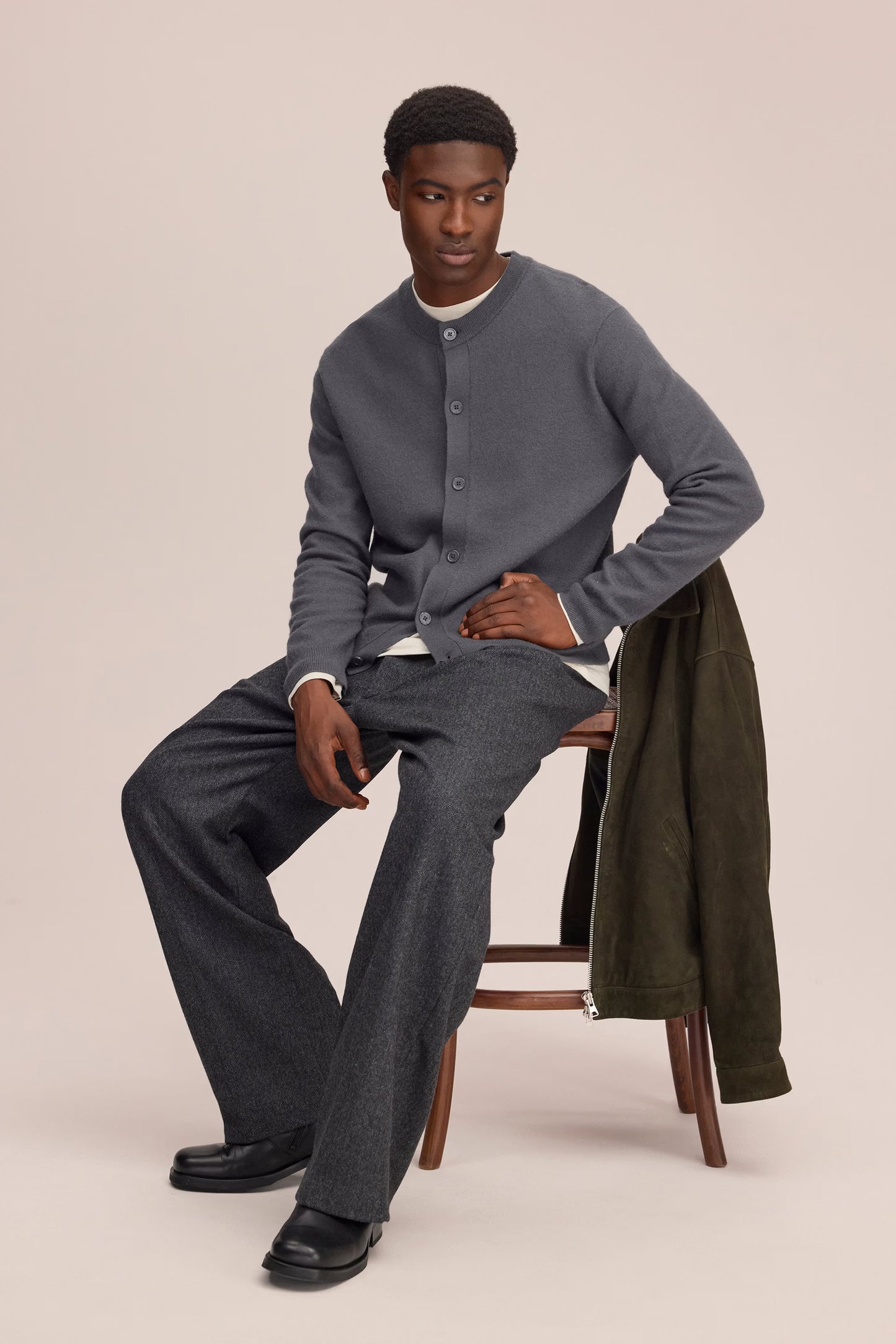 Jasper Boiled Wool Crew Cardigan - Charcoal Mist