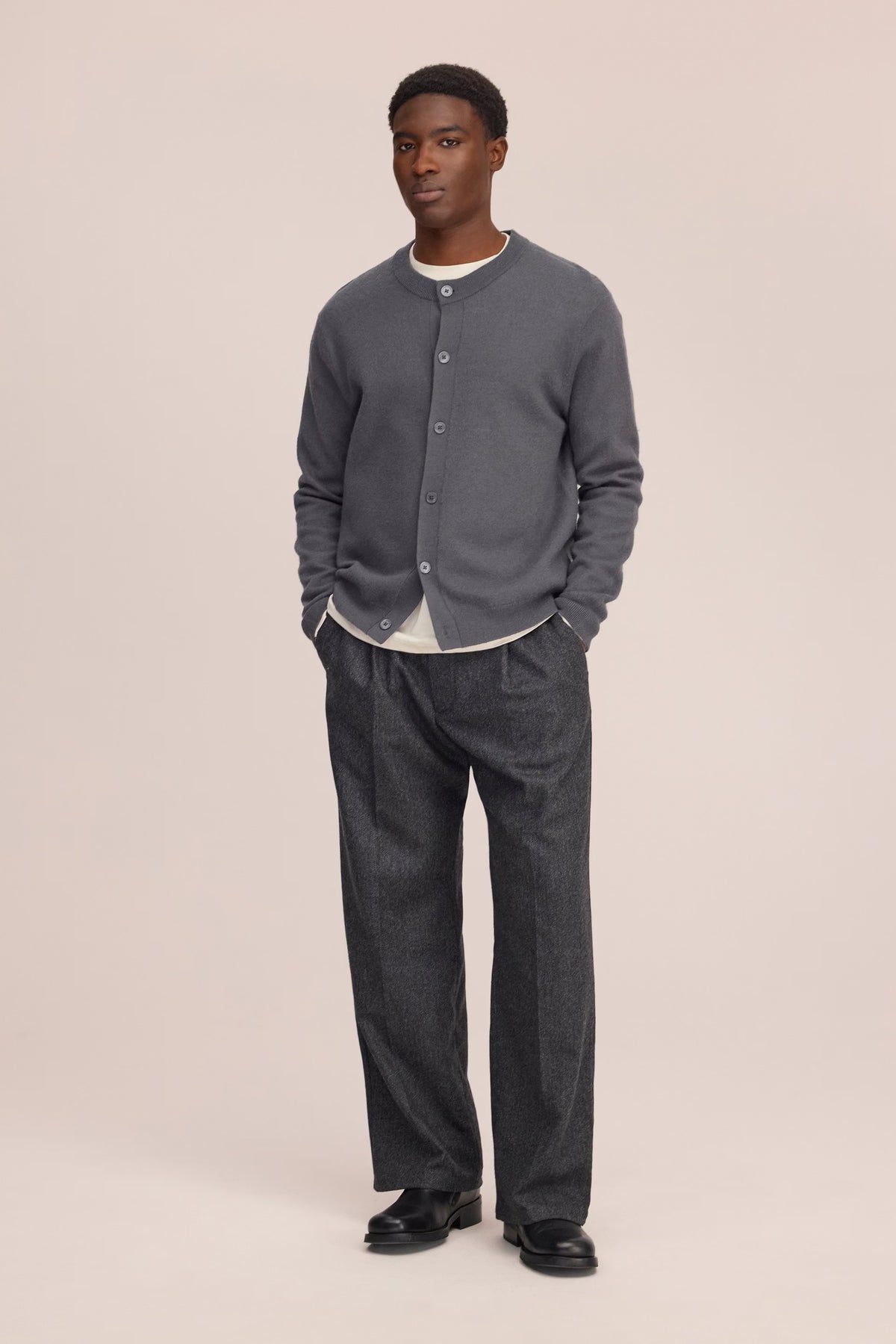Jasper Boiled Wool Crew Cardigan - Charcoal Mist