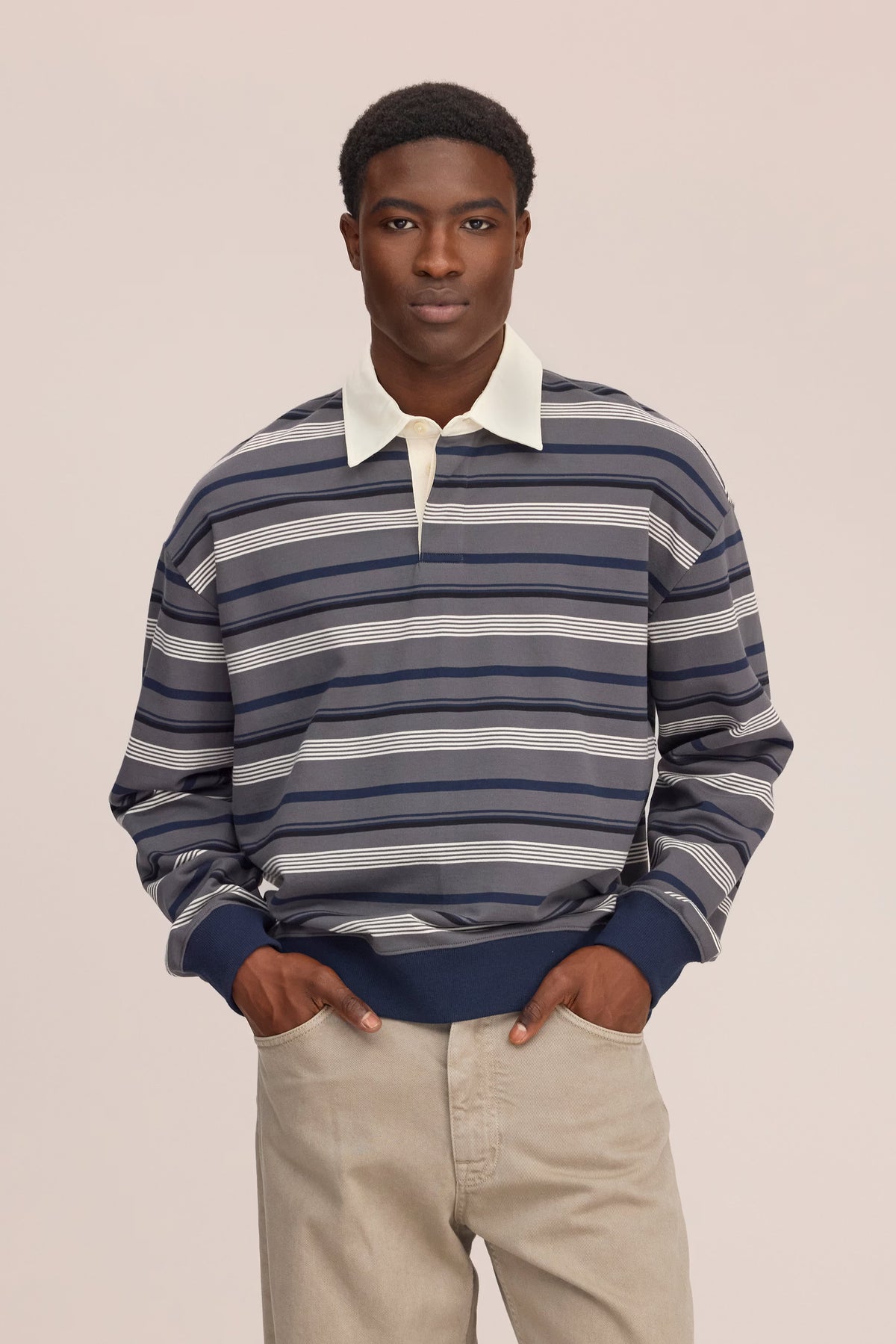 David Relaxed Fit Fleece Polo - Grey Stripe