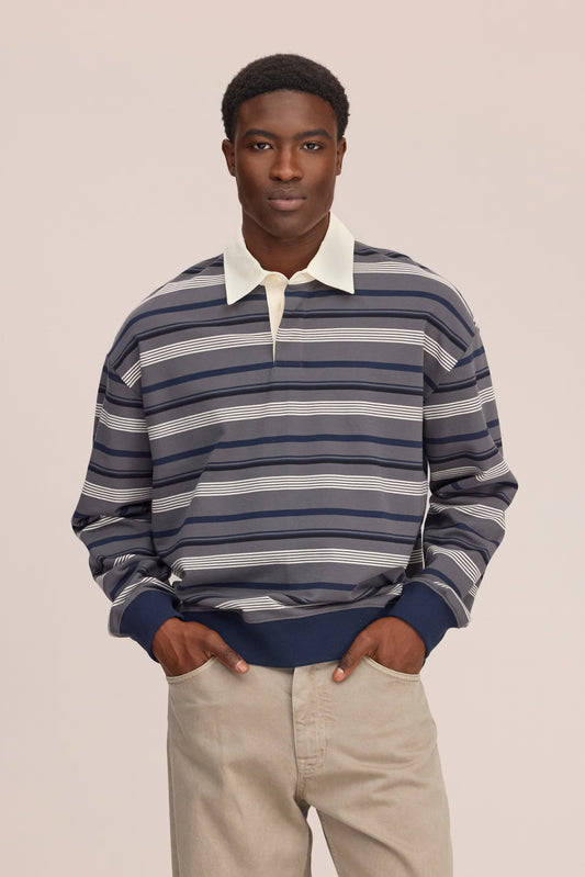 David Relaxed Fit Fleece Polo - Grey Stripe