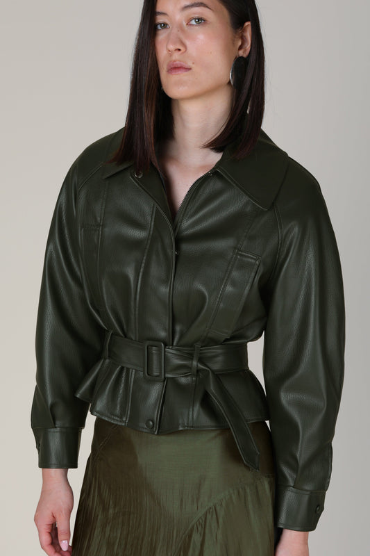 Ayla Belted Faux Leather Jacket - Dark Green
