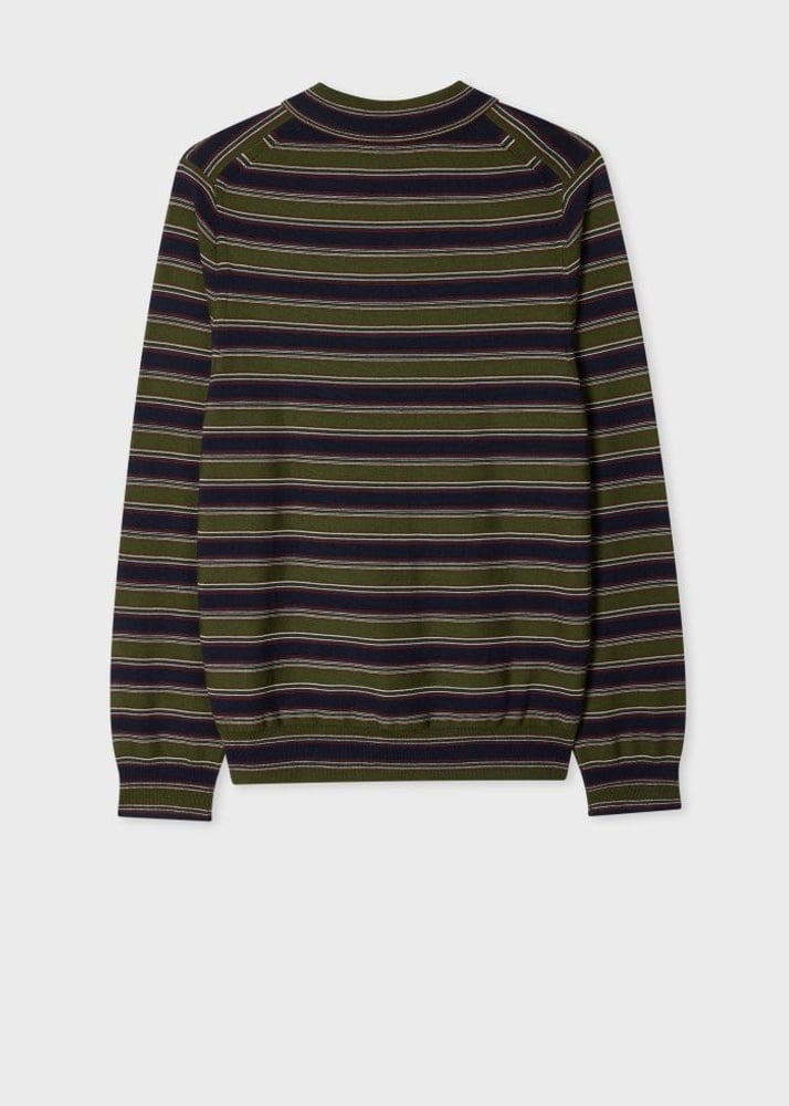Green and Navy Stripe Merino Polo Shirt - Military Green