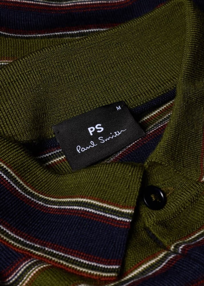 Green and Navy Stripe Merino Polo Shirt - Military Green